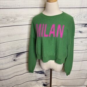 Green cashmere sweater with pink Milan print